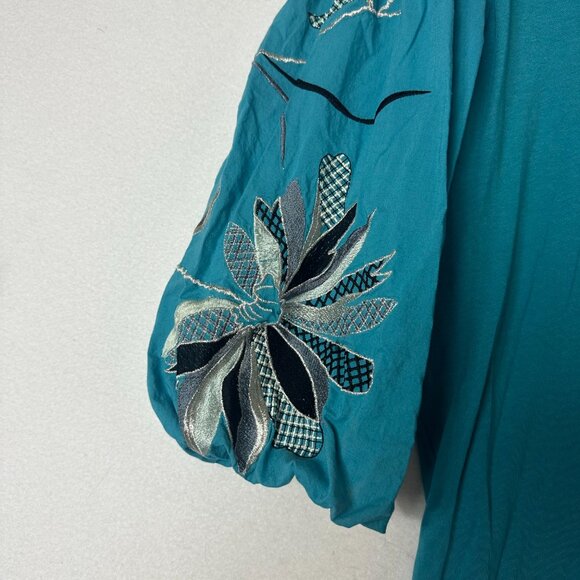 Chicos X Large Blue/green Embroidered Balloon Sleeve Floral blouse Top modal - Picture 2 of 6